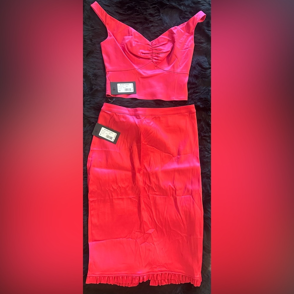 NWT Marciano Barbie Pink silk crop top and pencil skirt
